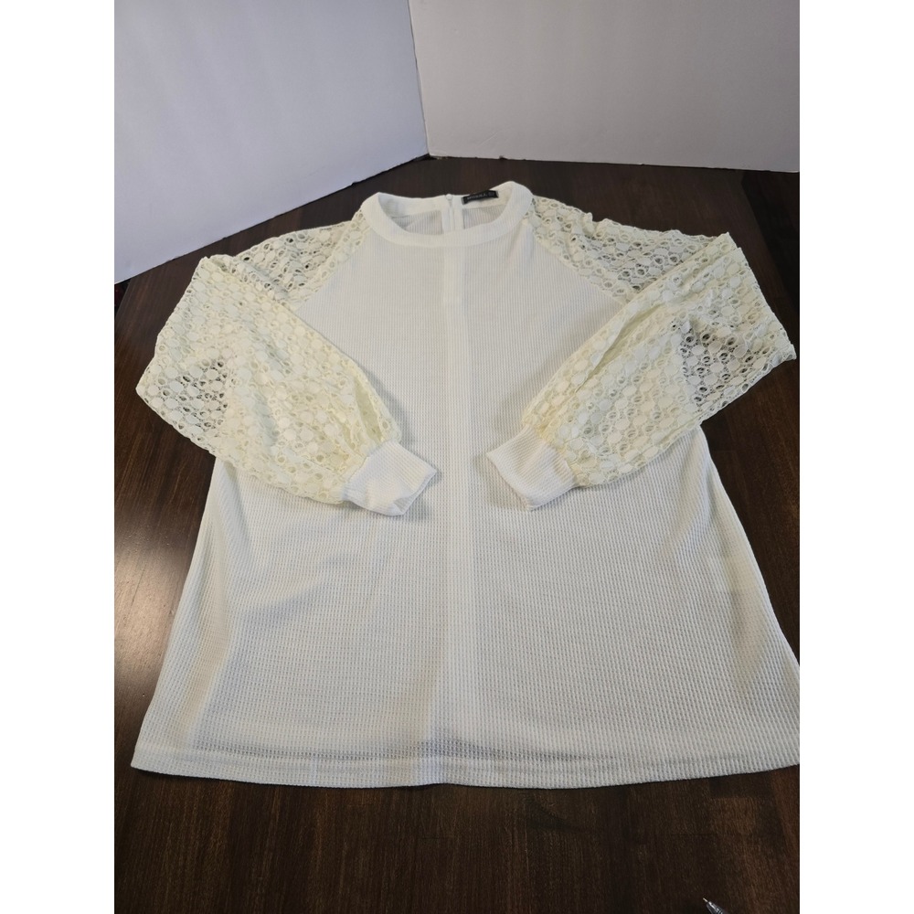 Miholl Waffle Knit Top White Lace Balloon Sleeve Round Neck Back Zip Size L